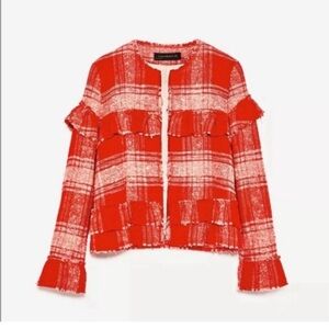 Zara Red and White Plaid Blazer